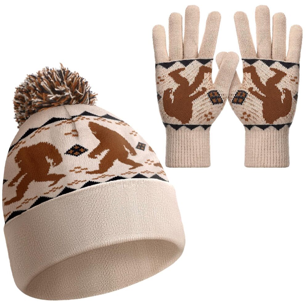 6385 Christmas Sasquatch Cuffed Beanie Hat and Gloves Set Xmas Cuffed